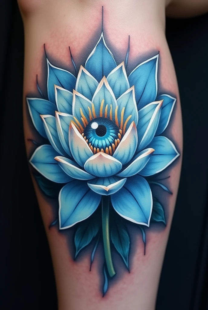 Get a tattoo of a white and blue lotus flower with petals that open and close in an endless cycle with a realistic blue eye in the center
