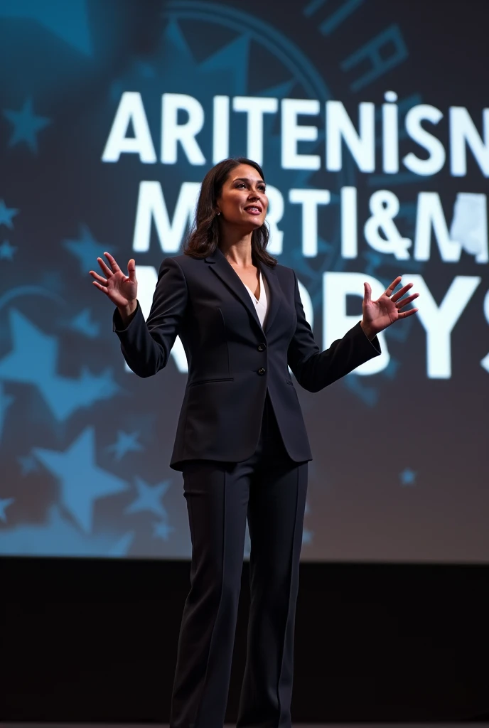 woman pointing to a title in a speech