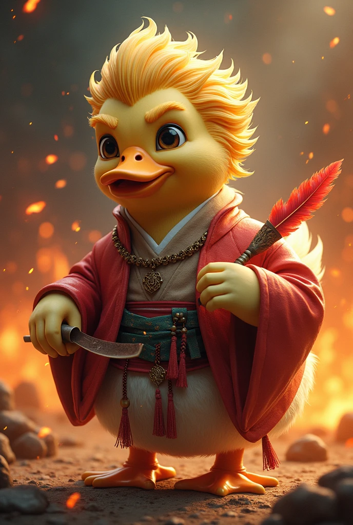 Duck head with donald trump hairstyle on a zhuge liang body, wearing zhuge liang outfit, holding zhuge liang feather fan, fire everywhere