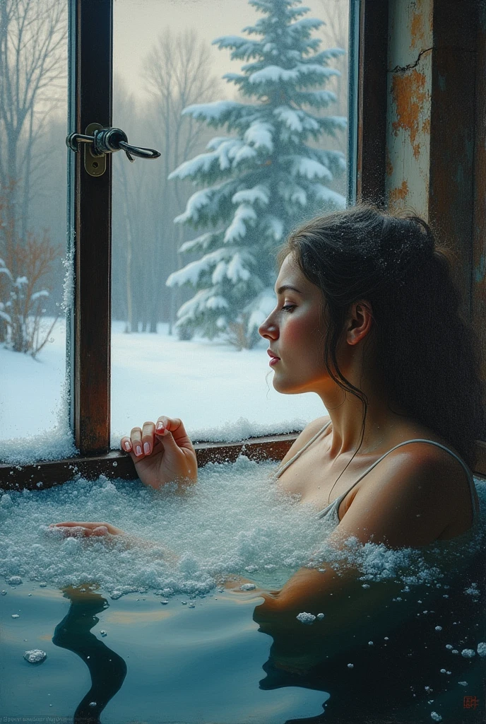 Heavy Painting woman bathing behind glass in winter with hot water