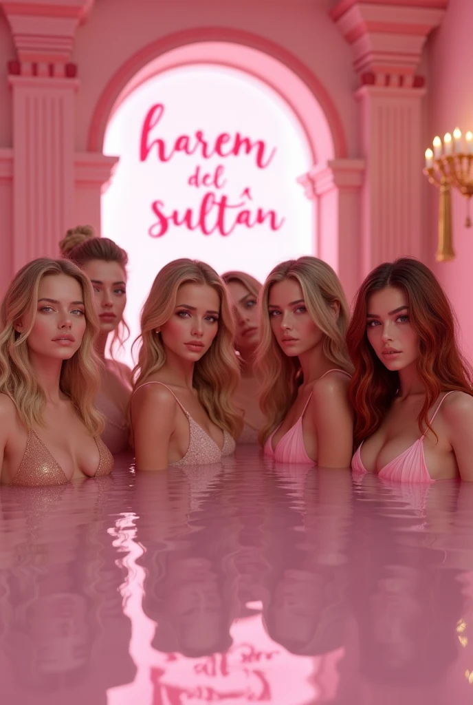 (photorealism:1.2), 6 extremely beautiful young harem girls, sexy nude, big breasts, Pretty perfect faces like kendall jenner and Margot Robbie and young Jennifer Connelly and young Brooke Shields, blonde and redhead straight hair, light skin, all looking sexy at the viewer, in very large pink Jacuzzi pool in pink luxurious bathroom of pink palace, a beautiful pink sign "Harem del sultán" on the back wall, realistic, intricate details