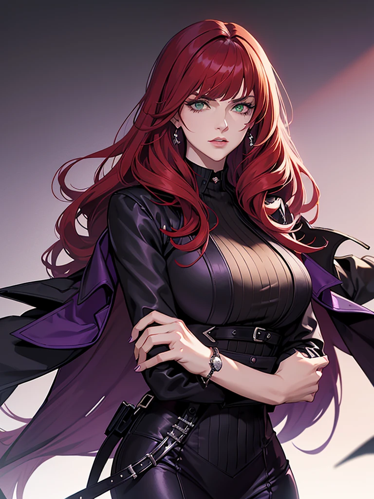 green eyes, red hair with long bangs, noble. sadistic women, wavy long hair. strong woman. purple jacket. she quiet. wear purple and black outfit. background in luxury mansion. dominant woman. mafia. mature woman. girl boss. badass woman. gangster