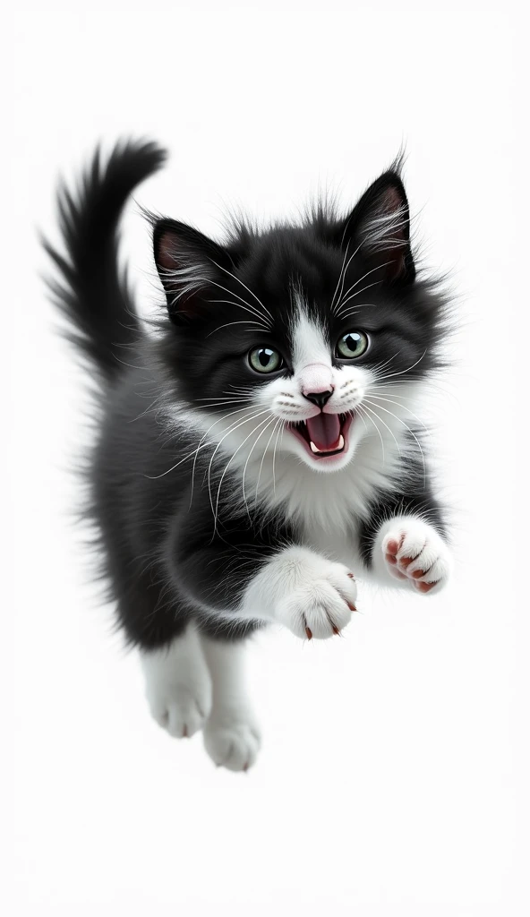 Tumble Time: An energetic black and white kitten mid-pounce, its fluffy fur ruffled from play. The playful streaks of black and white create a dynamic pattern as the kitten leaps in a fit of joyous activity.