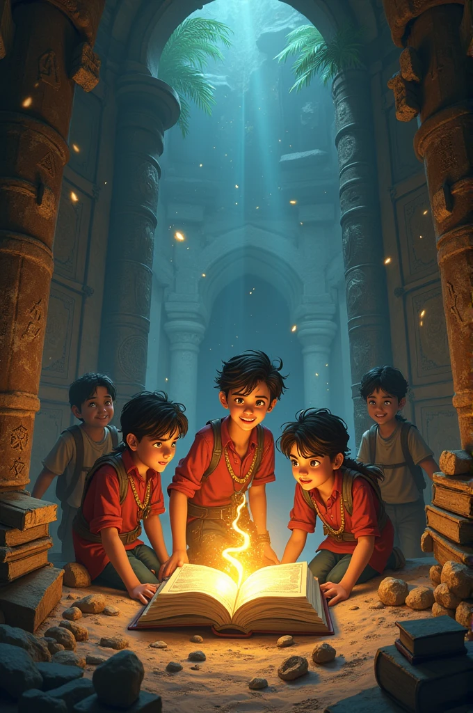 Ayush and his friends discovering a hidden chamber with ancient, dusty tomes and arcane symbols. They are illuminated by the glow of a magical artifact.