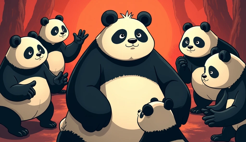 Illustrate a dramatic cartoon scene where Pandu’s father, a panda with a serious expression, speaks to Pandu. The guardian pandas around them should also be in an animated style, with expressive faces and exaggerated features to highlight their roles as guardian spirits. Use strong contrasts and clear outlines to emphasize the cartoonish look. a panda with human-like features (such as expressive eyes and a friendly demeanor),