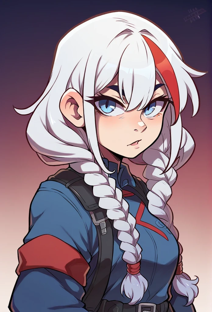 White haired girl with red streaks blue eyes Streaked hair,, Blue eyes Triple braids,