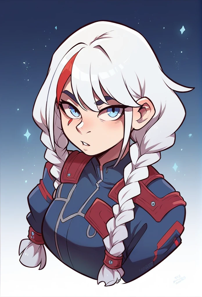White haired girl with red streaks blue eyes Streaked hair,, Blue eyes Triple braids,