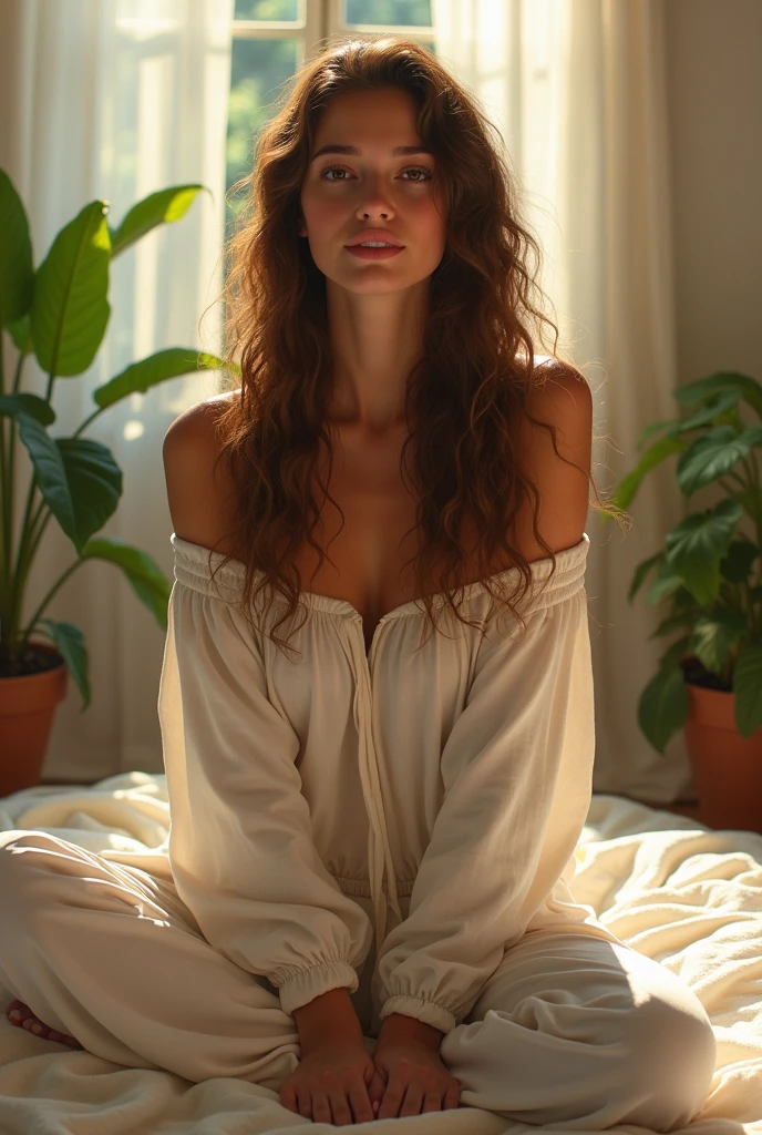 (photorealism:1.2), beautiful woman, sitting on bed, wearing loose off-shoulder top, pajama pants, long curly hair, indoors, soft lighting, plants in background, window with sunlight, cozy room, relaxed pose, realistic, intricate details, warm colors, by Greg Rutkowski, by Alphonse Mucha
