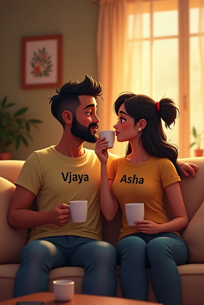 (photoanimation1.2) Husband and wife sitting on sofa and drinking coffee together. Husband name is Vijaya. Husband name is printed on the front side of his t-shirt. Wife name is Asha. Wife name is printed on the front of her t-shirt. Vijaya hairstyle is skin fade.