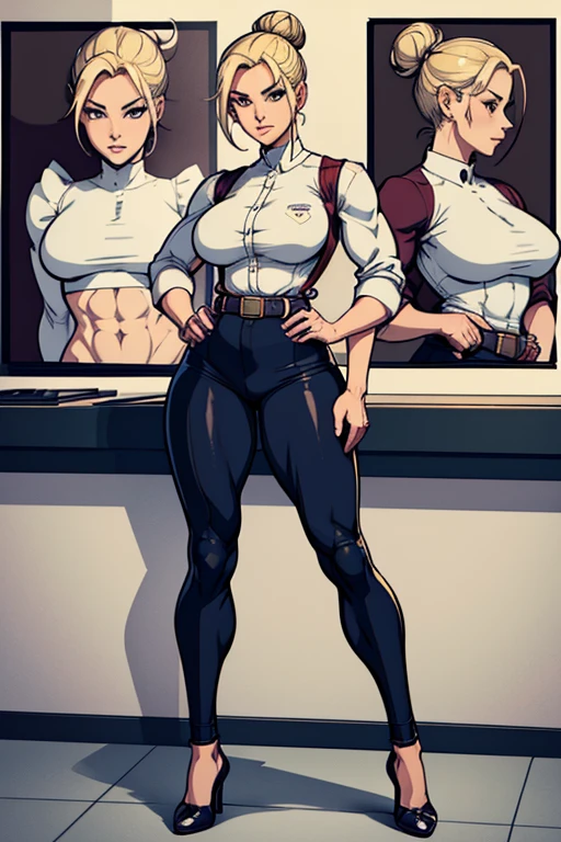 digital anime art, highly detailed, reference sheet, standing pose, feminine features, mature woman, adult female, muscular figure, six-pack abs, whole body, hairbun, form-fitting, janitor uniform, pants, tool belt, heelless shoes, 1woman, solo, upper body, lower body, ((Extremely Detailed)), ((Best Quality)), ((Masterpiece)), ((4k)).