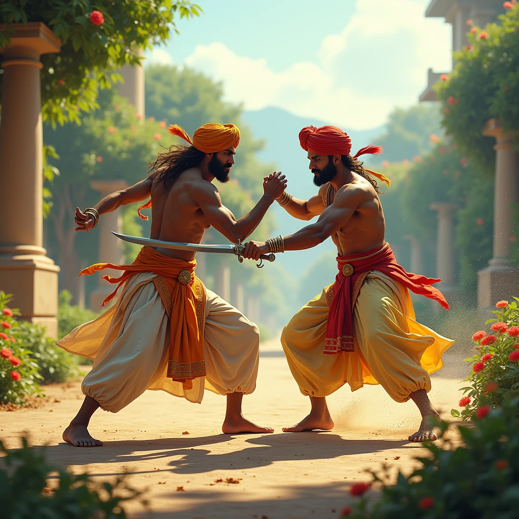 Skep 'n beeld waarin daar 'n groot tuin is en daar is twee mans wat baklei wat Rajasthani dhoti kurta en tulband op hul kop dra en een van die mans hou 'n swaard in sy hand.