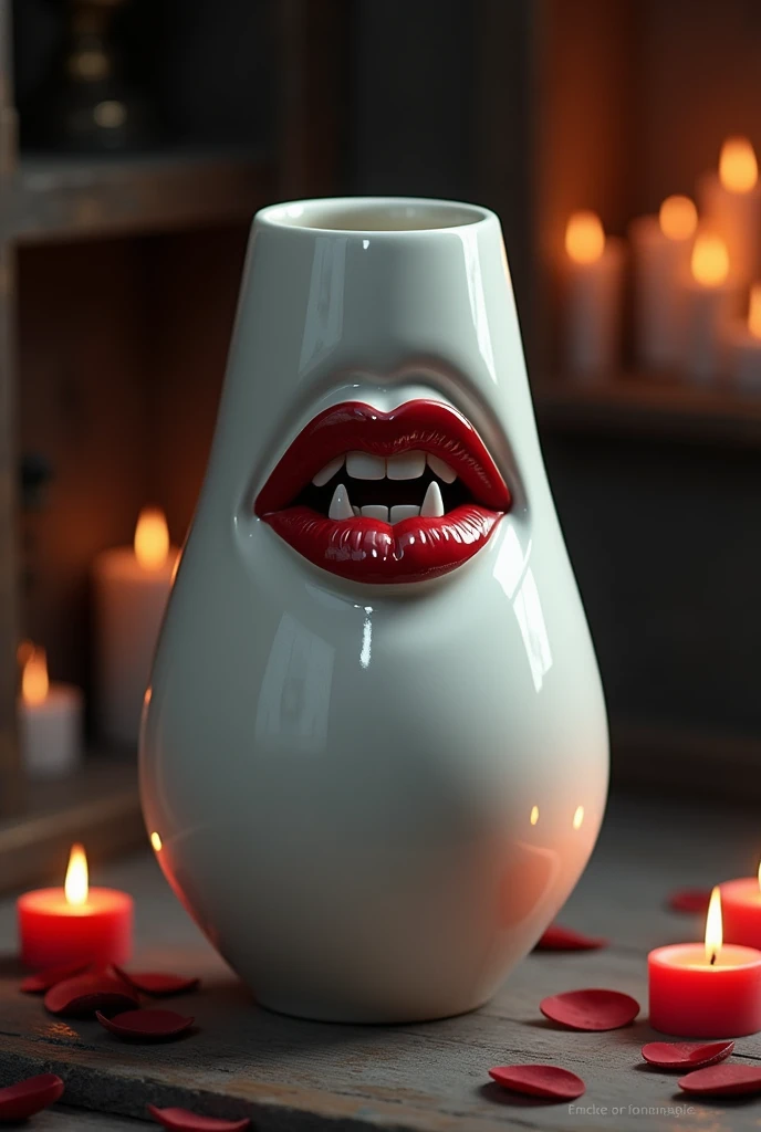 a white ceramic vase with red lips on it with vampire fangs, dark fantasy room lit by candles background