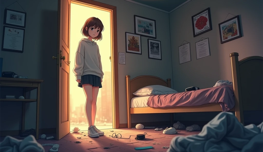 An anime image of a young woman with short brown hair opening the door to her dorm room to find a mess inside. Items are scattered all over the floor and the door is open. Amidst the mess, a pair of glasses are found on the floor. The young woman begins to look aware of the unusual event and shows a shocked and worried expression as she surveys the situation."