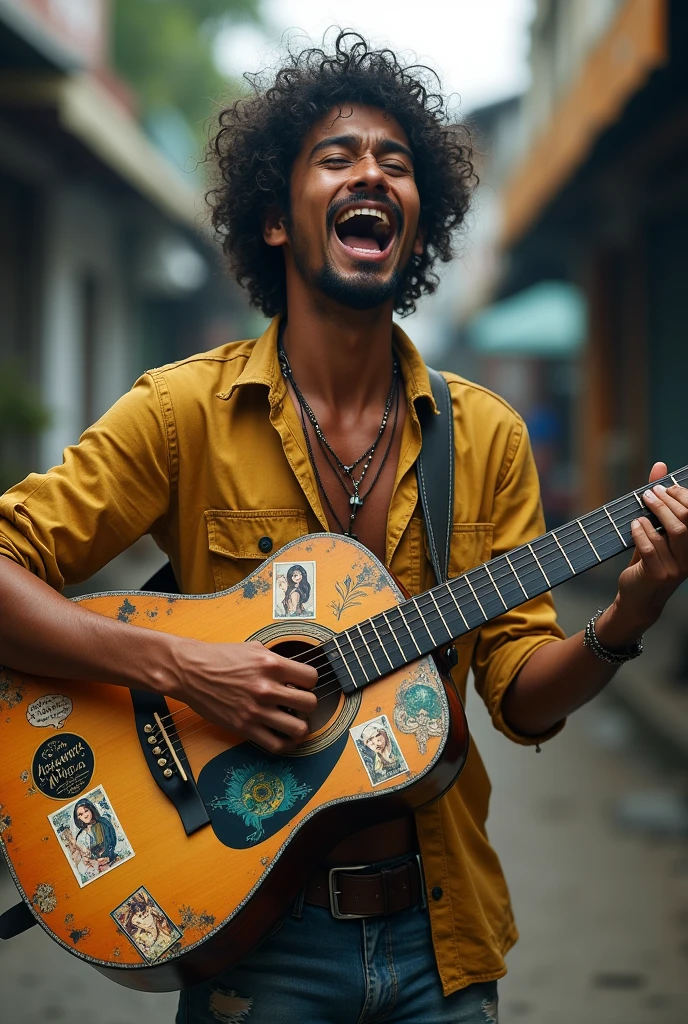 (photorealism:1.2), photo of an Indonesian street singer with curly hair, handsome, dirty appearance, wearing shabby yellowclothes, torn jeans, singing while using an old acoustic guitar covered in stickers by Alphonse Mucha