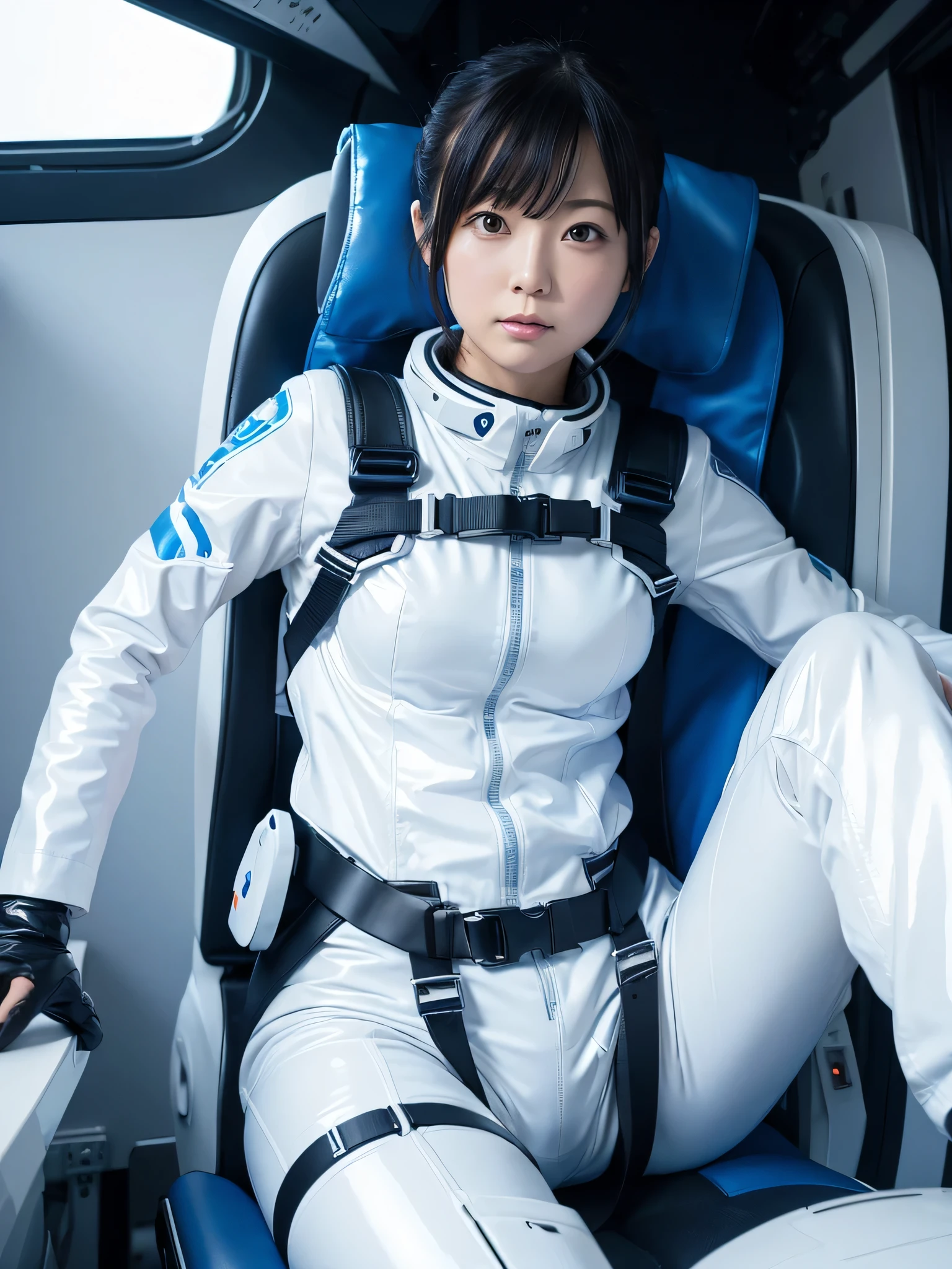 Japanese female android,White and blue shiny robot suit,Wide-legged squats,Black Hair,Space capsule,I was completely strapped to my seat in the cockpit with a thick harness and couldn't move.,