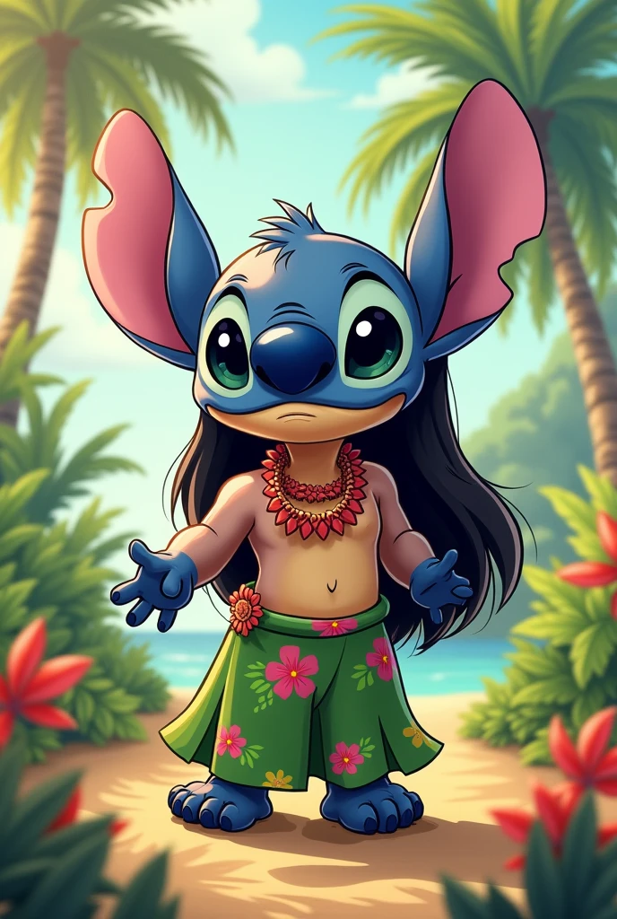 Stitch mimicking Lilo's appearance with tan body color, her hair and her clothes