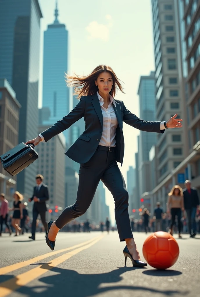 Bussineswoman kicking soccer Ball in street