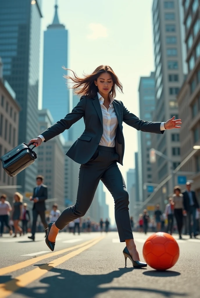 Bussineswoman kicking soccer Ball in street