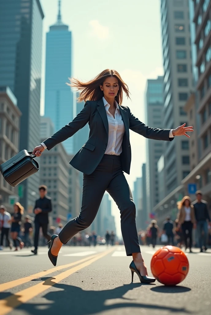 Bussineswoman kicking soccer Ball in street