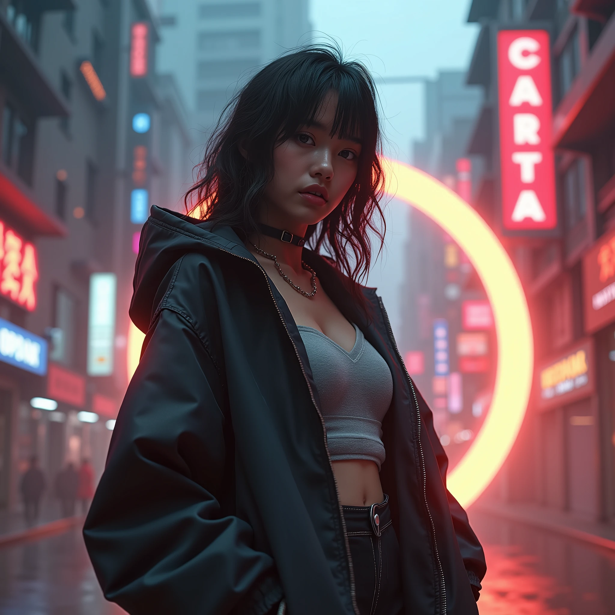 Masterpiece, 4K wallpaper, Masterpiece sci-fi cyberpunk city, fantasy sci-fi, neon glow lights city, ( Subject ( 1girl, A cute japanese women with beautiful hair, wearing an youth stylist oversized hoodie fashion, yellow, black and white stylist fashion, jumper hoodie and short solid cotton trousers, the hoodie stylist masterpiece.))
( Pose (Relaxed, with dance pose, masterpiece. Medium breast.))
( Setting (ultra realistic, sci-fi theme, A mystic environment, cyberpunk city with neon glow lights and a glow light portal.))
( Face ( absolute detail of face masterpiece, detail skin pores masterpiece, oil skinny, beautiful japanese girl, detail of face.))
( Perfect human body, perfect human fingers)
( Lighting (Dramatic side lighting with a warm and cool light masterpiece, absolute face and body lighting teqnique, sunlit glow and light rays, masterpiece object lighting and detail.))
(detail of wearing masterpiece), rahnday style photography, the sense of photography), sea art infinity.
( Style (Hyper-realistic, cinematic, with a focus on detail and texture, octan render 4K quality masterpiece.))
( Technical Specifications (Shot from a medium long shot, below-up perspective, with a Fujifilm XT-4 with Fujinon 50mm lens at f/1.2.))
(((Additional Notes)
( Focus on Key Elements (Emphasize the woman, her clothing, and the dramatic city backdrop.))
( Visual Effects (Include cinematic grains, falling glow particles, and a blurred background with absolute fog.))