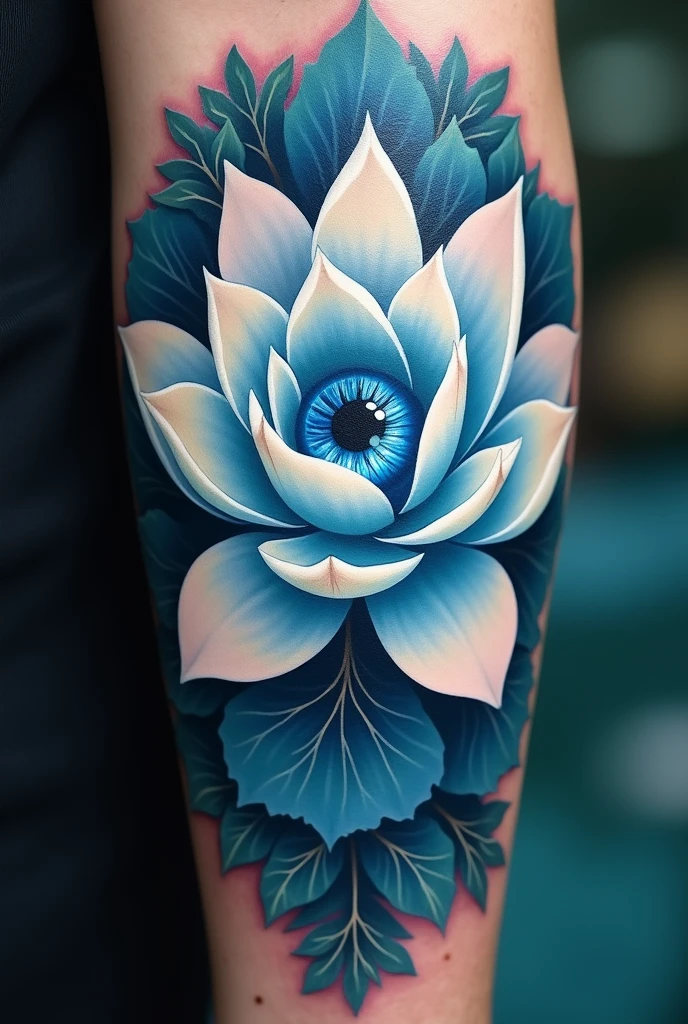 Get a tattoo of a white and blue lotus flower with petals that open and close in an endless cycle with a realistic blue eye in the center