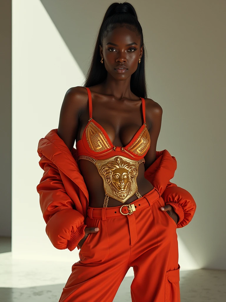 Vogue Arabia: Nike: Versace: AssParade: sweater couture, corset and cooker with matching color, zero degree flat stomach, large butt, thin waist, dark skin, a cup chest, Definition: (highres, sharp focus, 8k uhd, ultra photo-realistic resolution), Film: (80 mm, shot on portra 120, shot on Fujifilm)