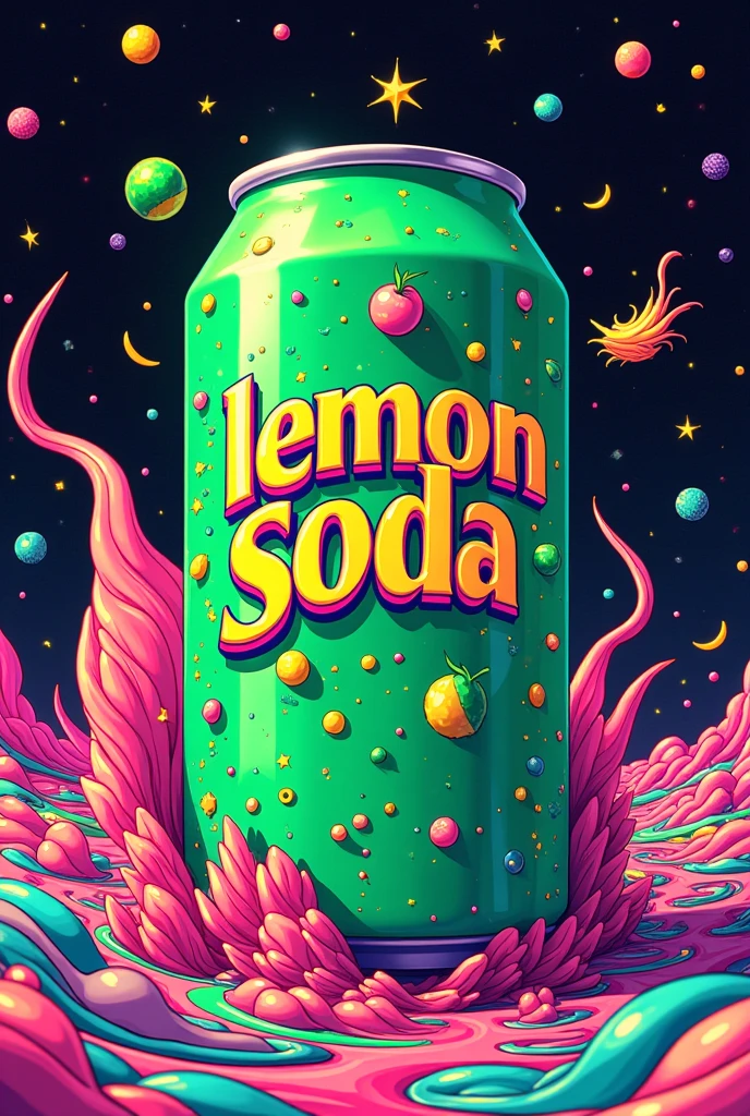 A psychedelic artwork with cyan green and hot pink details of a green can with the words Lemon Soda written on it