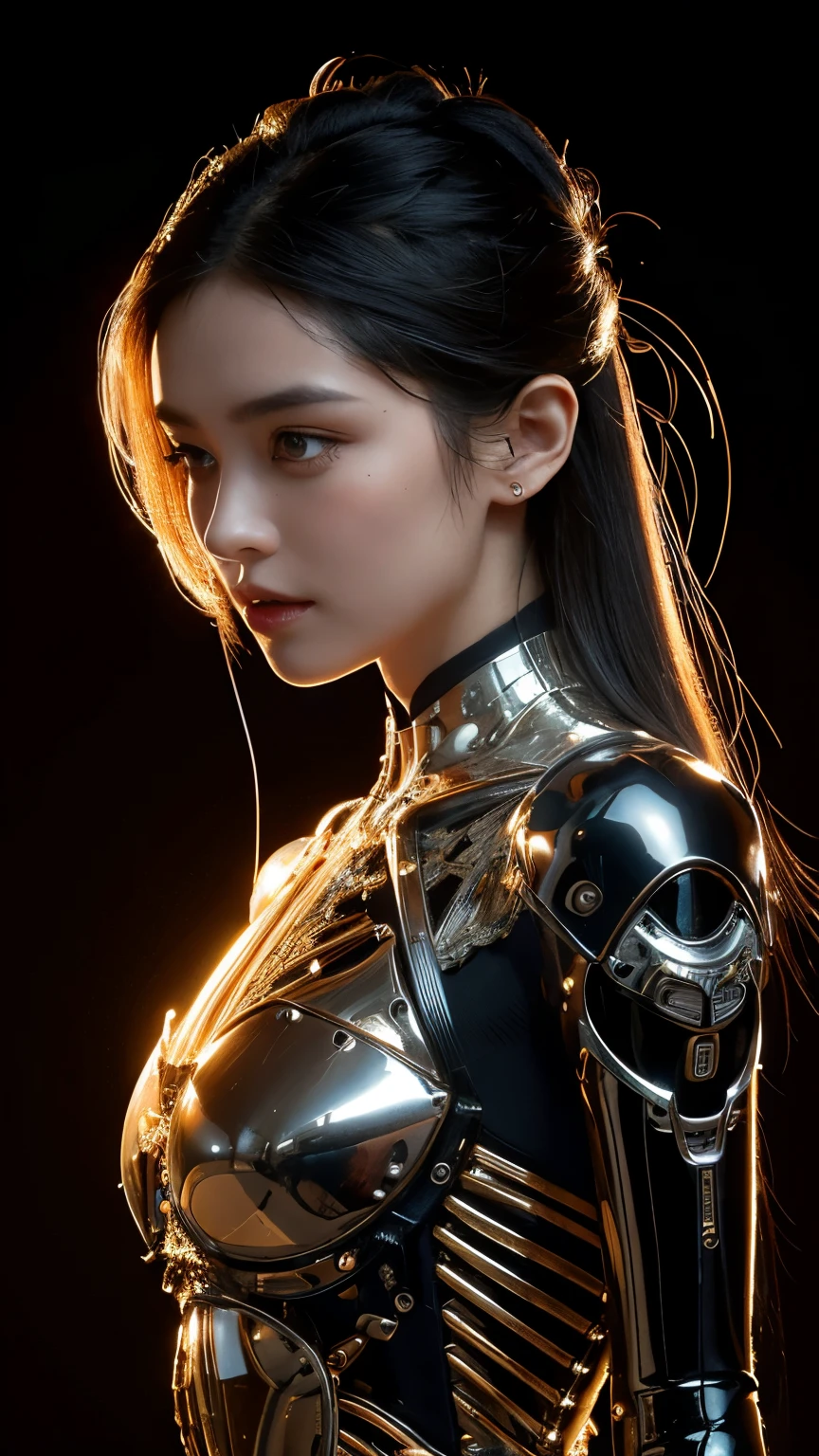 A portrait of a mechanical girl in stunning 8K resolution, meticulously detailed to the utmost realism. The scene is bathed in global illumination, casting intricate shadows that highlight the ornamental details of her metal form. Rendered with Octane rendering, the image boasts sharpness that reveals every intricate part of her construction. The color palette is cool and glowing, reminiscent of Egyptian artistry, with neon accents that add a futuristic flair. The mechanical girl's limbs and face are all machine, adorned with incredibly intricate details down to the smallest components. Her machine skin is a complex network of interconnected parts, including blood vessels merging seamlessly with tubes. She has machine hair and luminous mechanical vertebrae extending from her back, as well as a mechanical cervix attached to her neck, all emitting a soft glow. Standing amidst a sophisticated laboratory, she is connected to an intricate web of millions of wires and cables that link her head and body to various sophisticated equipment, creating a mesmerizing display of technological marvel. This composition is expected to trend highly on CGSociety for its exceptional realism and superlative attention to neon-lit and detailed mechanical elements.