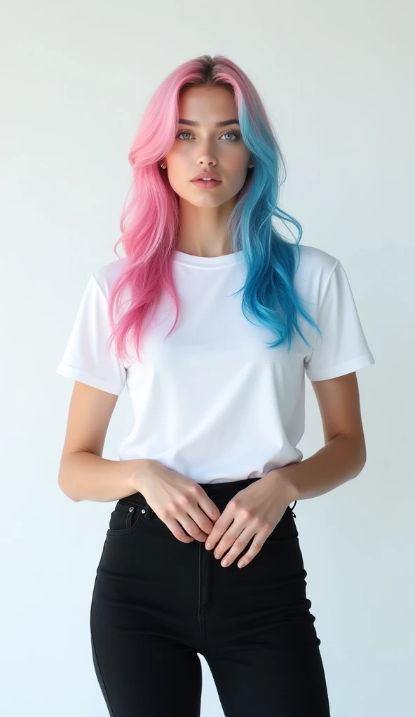 a medium-angle shot of a young woman stands against a stark white backdrop. She is dressed in a white t-shirt and black pants, her hair cascades over her shoulders. Her eyes are a piercing blue, adding a pop of color to her face. Her hair is a vibrant shade of pink and blue, while her lips are pink. Her hands are clasped in front of her, adding texture to the composition.