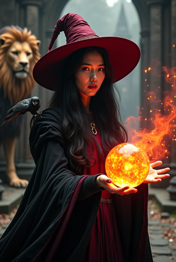 photograph, asian woman, white skin, Facing straight, Half-body image size, Fluffy black hair, Long slender fingers, Black witch cloak, Red Hat, Inside is a red dress., There is a fireball in the hand., The letters VOGA Gryffindor are floating in the fireball., Several red sparks and red smoke shot out of his hands.., A black owl stands on the right shoulder.., A large golden lion appears from the rear left.., The background is an old black European-style castle.