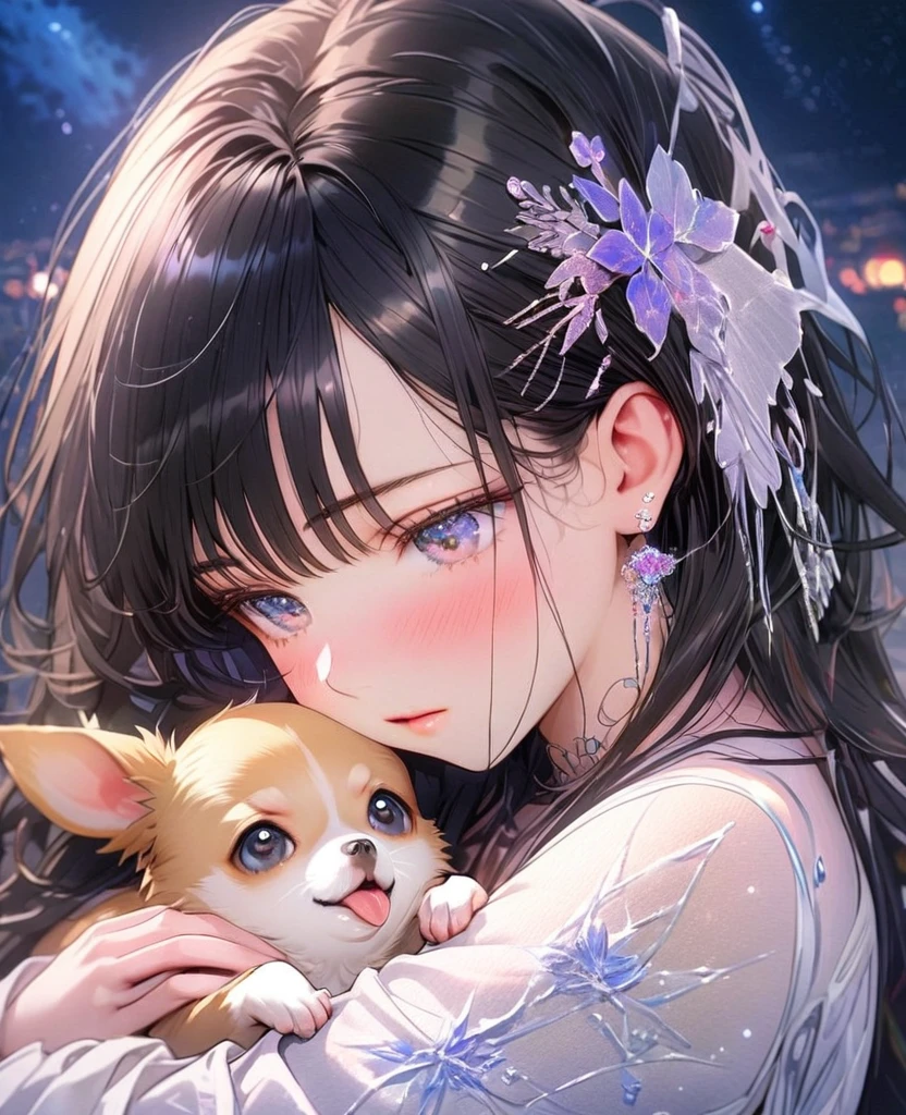 8k,Ephemeral beauty,Very delicate and beautiful,Beautiful and realistic skin,Shiny Hair,Glossy Black Hair、Long and colorful hair,Beautiful Eyes,Beautiful night sky、shy、Hair without hair accessories、small jewel pin、No earrings、No piercing、shy、Beautiful white clothes、Chihuahua(cream)hug
