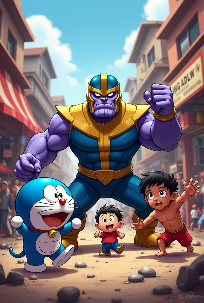 Doraemon and chota bheem saving Thanos from Salman Khan at market place

