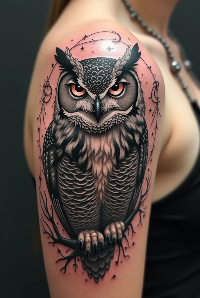 Design a tattoo with an owl and my birth time which was at 12:05 am. from July 30, 1985 to put it on my shoulder