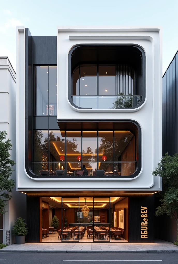 Restuarant facade architecture , a view of parametric 4th floors resturant facade with larg window , main material by glossy white wall and black stone and wood, RAW photo, real, best quality, masterpiece:1.2), look morden parametric , shime ring light, light brighteness from indoor:1.2, dynamic lighting: 1.3, (hyper realistic, photo-realistic:1.2), high quality, day lighht, hight contrast :0.5 perfect lighting, archdaily, award winning parametric, masterpiece, well-designed masterpiece,