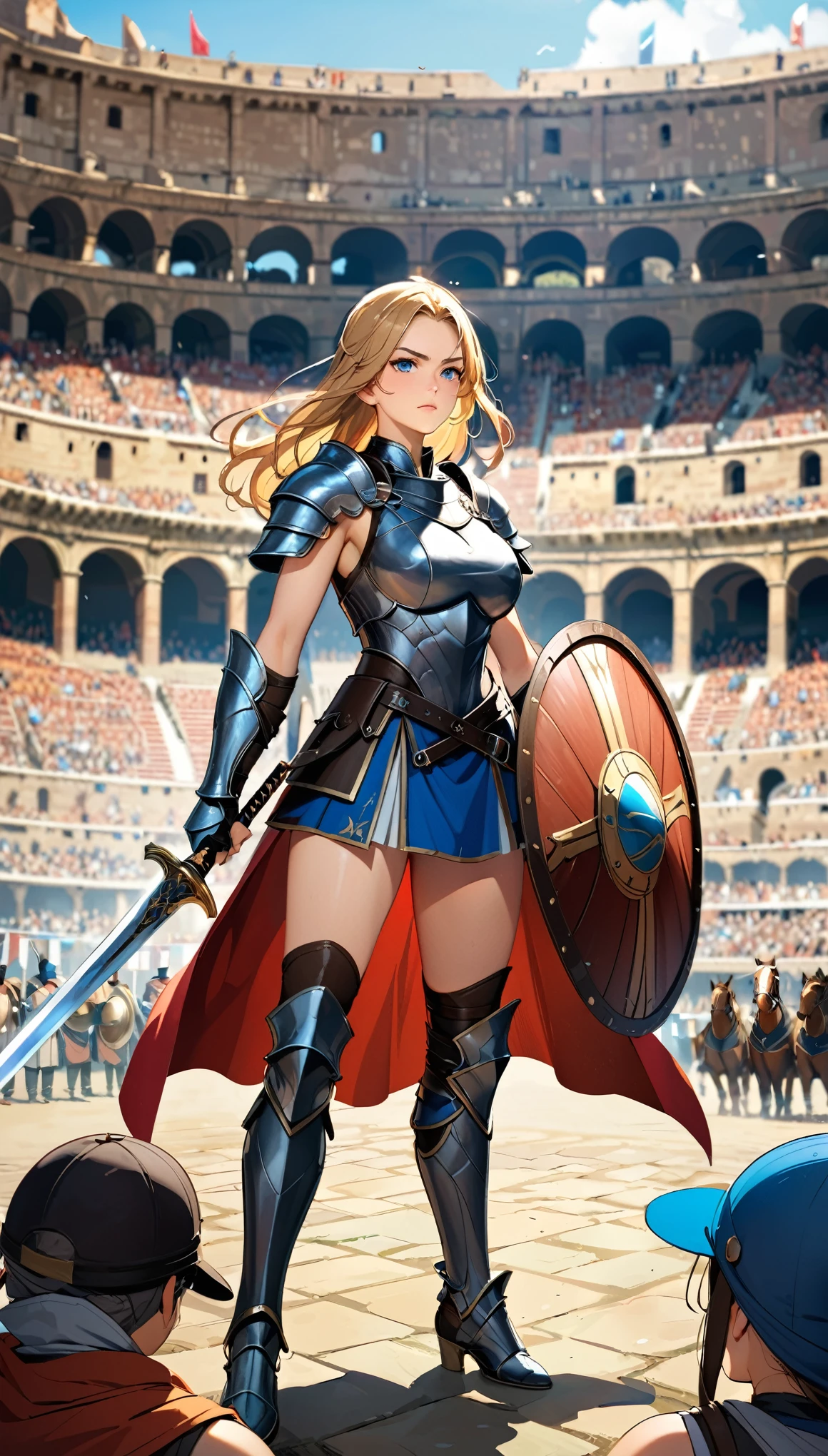 score_9, score_8_up, score_7_up, score_6_up,(scowled:1.3),(Realistic、Narrow eyes、female knight、Big Breasts、woman wearing leather armor, Female Warrior, Very beautiful woman),(Blonde, blue eyes,),Cool adult woman、(Arena、Colosseum, Fighting while being watched by the crowd),(Holding a sword and shield,Combat Ready、Ready your sword、battle)、Depth of written boundary