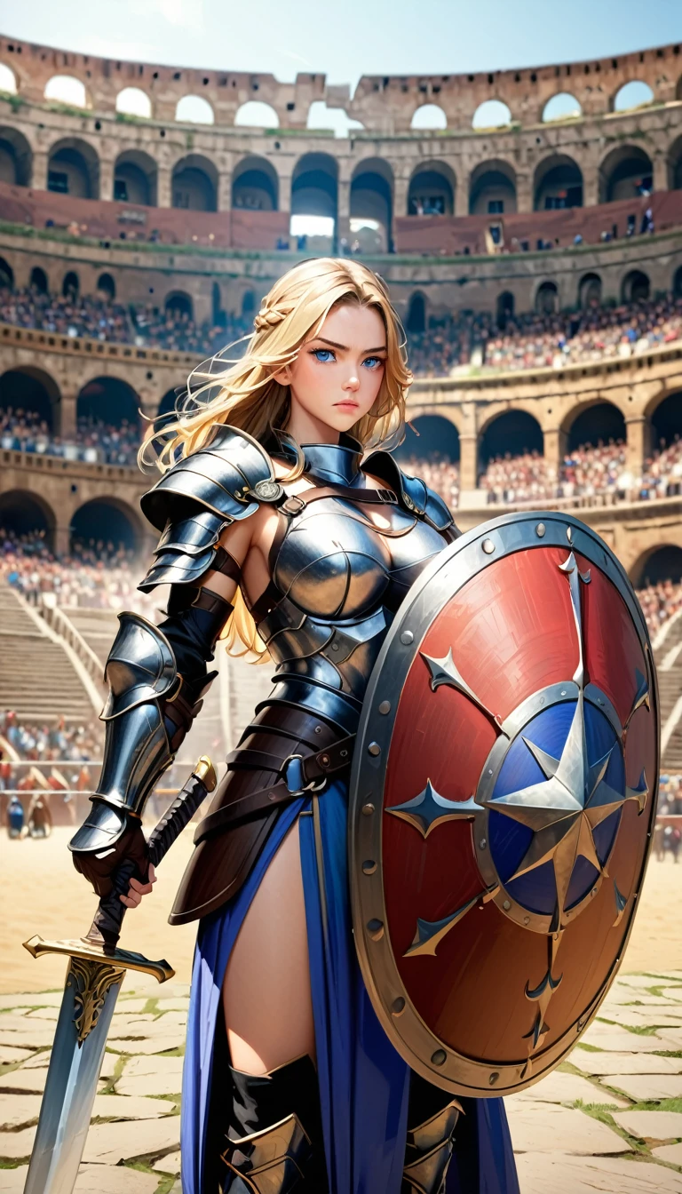 score_9, score_8_up, score_7_up, score_6_up,(scowled:1.3),(Realistic、Narrow eyes、female knight、Big Breasts、woman wearing leather armor, Female Warrior, Very beautiful woman),(Blonde, blue eyes,),Cool adult woman、(Arena、Colosseum, Fighting while being watched by the crowd),(Holding a sword and shield,Combat Ready、Ready your sword、battle)