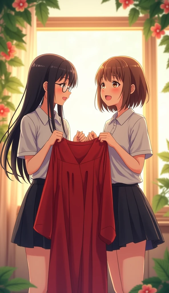 Anime images"Two girls are standing in a student dormitory. The room is brightly lit by the light from the window. The background is decorated with beautifully arranged leaves and flowers, adding to the bright and lovely atmosphere. The first girl has long, shiny black hair, neatly tied up with bangs, and wears round glasses, a white shirt, and a black skirt. The second girl has short, brown hair, no bangs, and no glasses. The two are talking and laughing happily, while holding a red long-sleeved graduation gown in each hand, showing excitement and happiness in preparing for the special day."