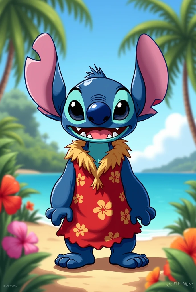 Stitch mimicking Lilo's appearance with tan fur, her hair and her clothes