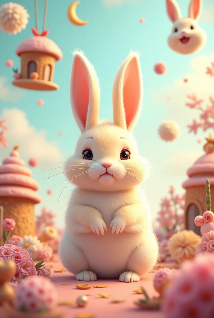 background application with rabbit is center of  background and have toy such moon, bakery and another