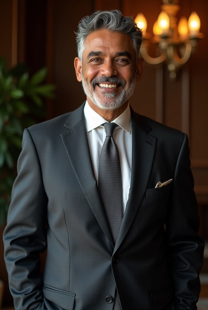 Indian rich man smiling,teeth, professional outfit, cinematic, perfect lighting, 4k, 8k, 32k, hdr