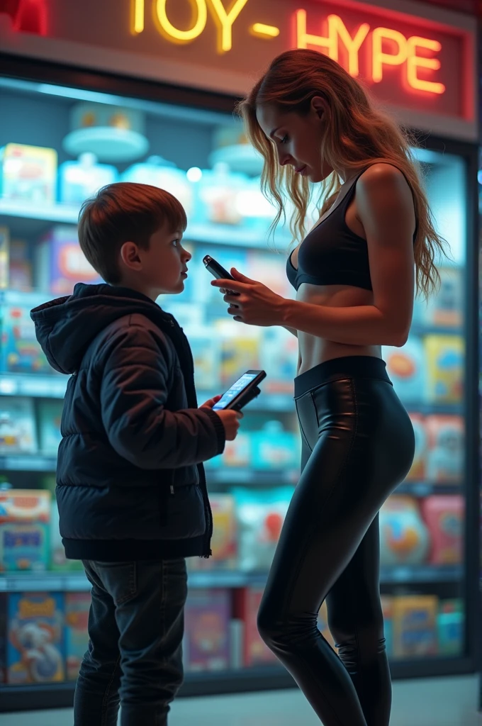 boy  shopping with sexy woman wearing tight leggings with perk ass in toy shop, the boy asked the sexy woman for a toy by hypnotizing the woman, the boy controls the woman with a remote control in his hand, the woman's eyes glowed blue because they were controlled by the boy