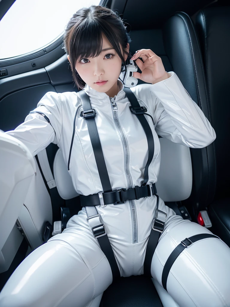 Japanese female android,White shiny robot suit,Wide-legged squats,Black Hair,Space capsule,I was completely strapped to my seat in the cockpit with a thick harness and couldn't move.,