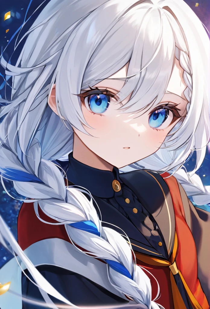 White haired girl with red streaks blue eyes Streaked hair,, Blue eyes Triple braids,