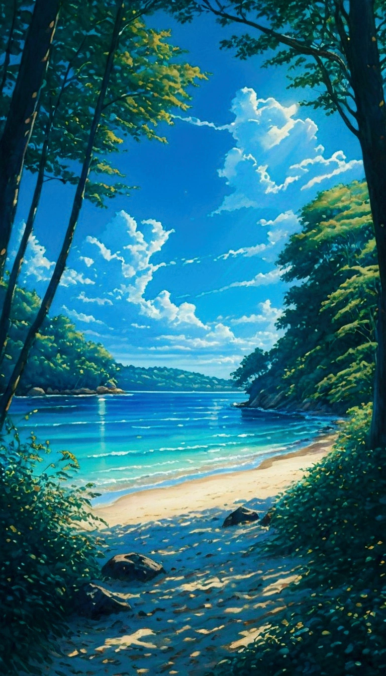 "Create a serene outdoor scene featuring a peaceful beach with golden sand stretching out towards the ocean. The sky above is a vibrant blue with a few scattered, fluffy clouds, allowing sunlight to filter through. The horizon where the ocean meets the sky is clear and expansive. In the background, a lush green forest with tall trees and dense foliage adds depth to the scene, with sunlight dappling through the leaves. The beach is surrounded by various plants and trees, their leaves rustling gently in the summer breeze. The overall atmosphere is calm and inviting, capturing the essence of nature's beauty on a warm summer day."