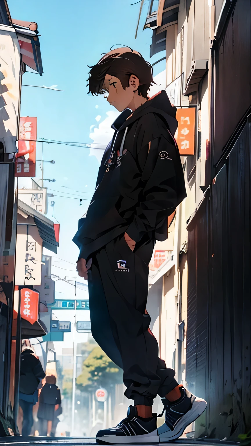 Anime, boy, teenager boy, handsome, athletic muscular, brown hair, dark grey hoodie, black jogger pants, full body