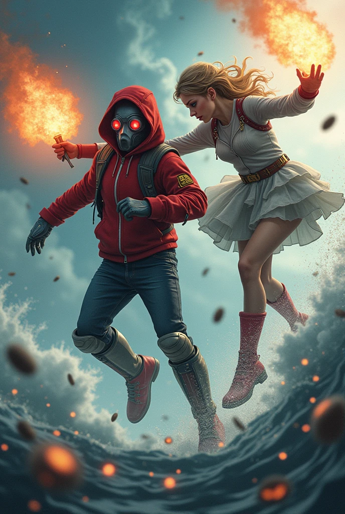 kid Star-Lord & taylor swift with red hoodie, Rocket boots, headphones, star-lord helmet, gas helmet, Covered mouth, Round, red eyes, big breasts, perfect body, Busty, realistic, power, Kick, Attack, magic rings in the hands, Fighting, power, fiction, full body, 2 persons, magic lasso, hight, fall, fire in boots, powerful spells, realistic, war, ocean, spells, Cayendo del cielo, sleep,  hug