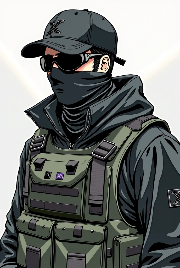 man with a cap, Ski mask, buff, black motocross goggles, black clothes, tactical clothing, camo green vest, drawing style, anime.