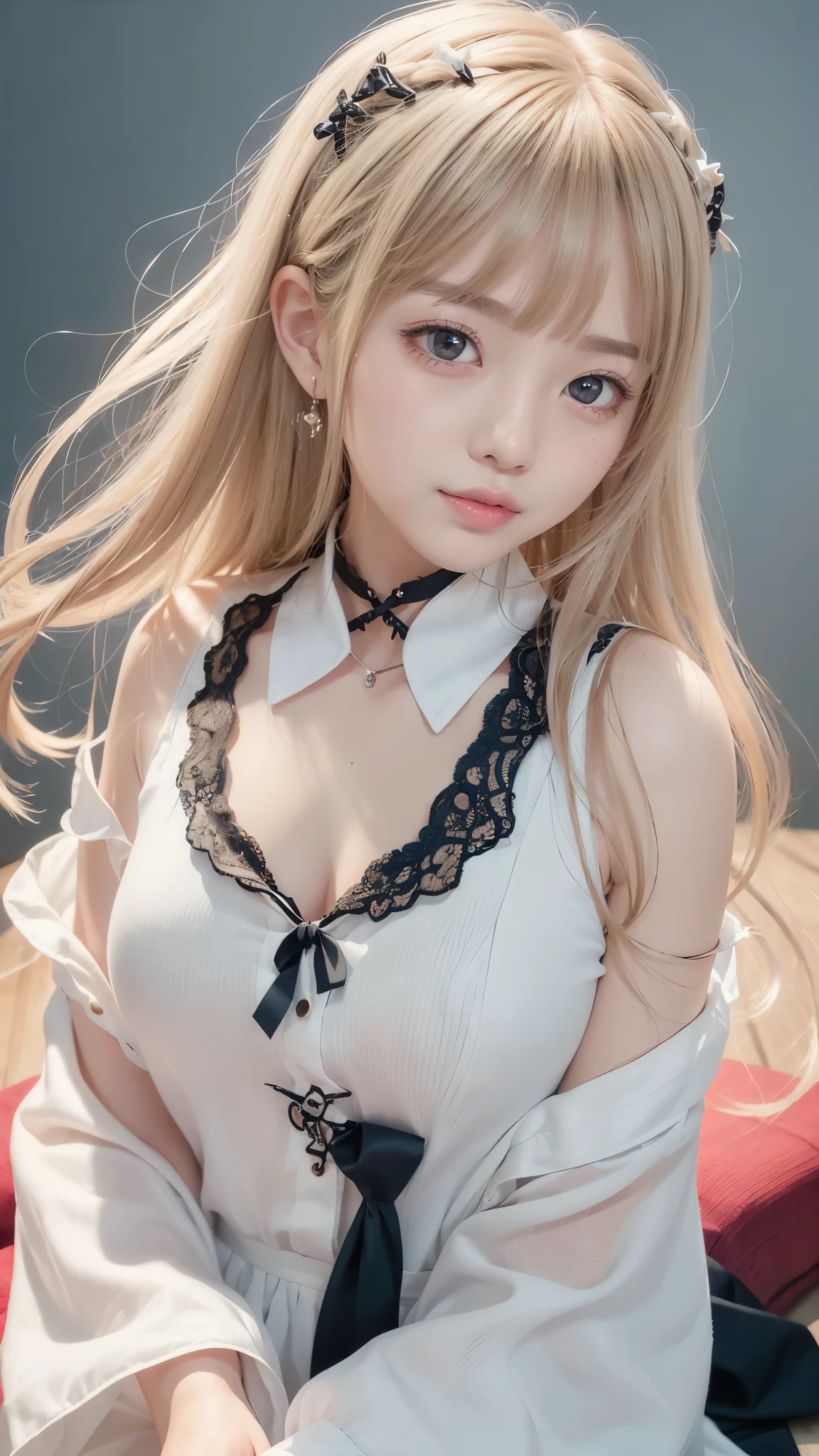 (masterpiece, best quality, very aesthetic, ultra detailed), intricate details,
1girl, kitagawa marin, sono bisque doll wa koi wo suru, blonde hair, red eyes, ear piercing, barbell piercing, black choker, collared shirt, white shirt, earrings, blue necktie, grin, arm up, v, looking at viewer, upper body, perfect hands