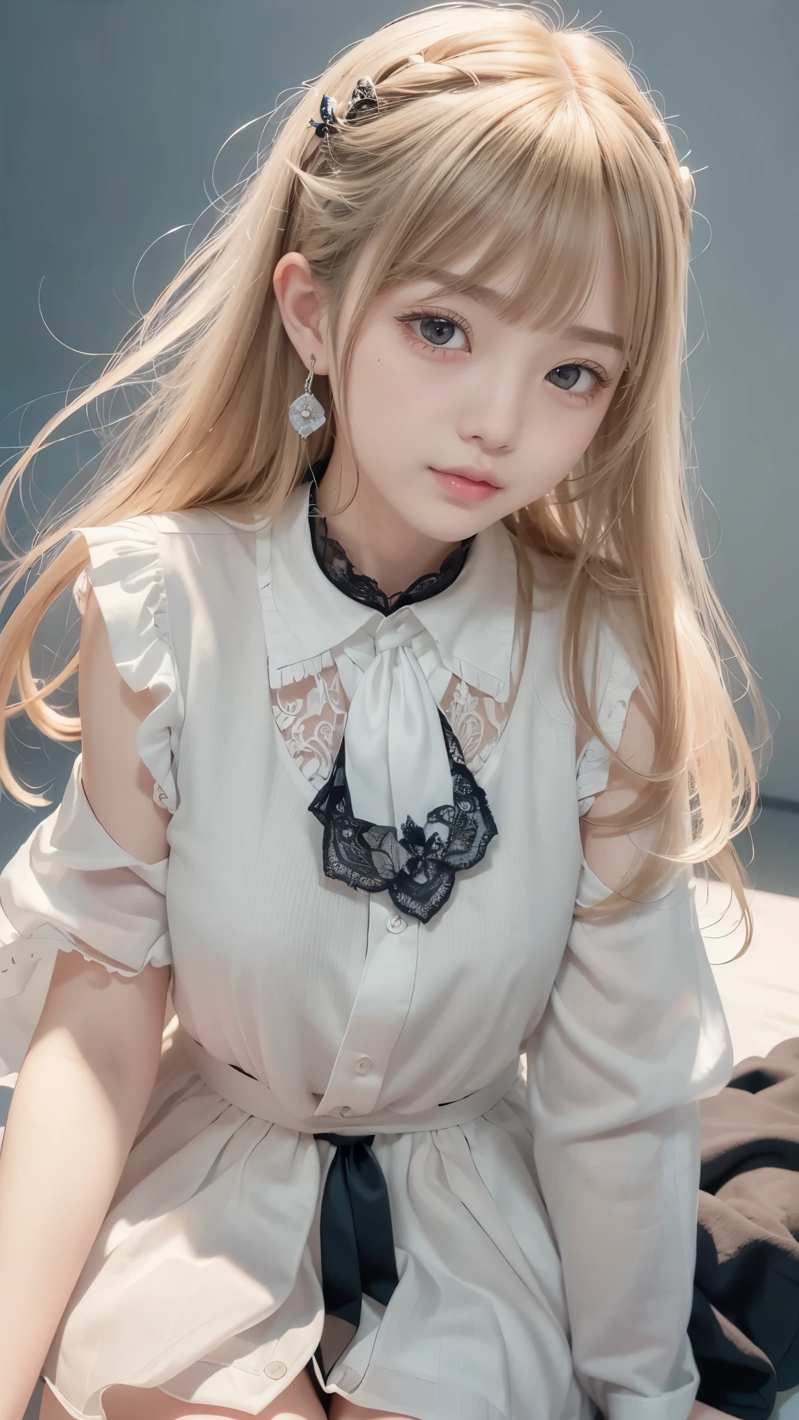 (masterpiece, best quality, very aesthetic, ultra detailed), intricate details,
1girl, kitagawa marin, sono bisque doll wa koi wo suru, blonde hair, red eyes, ear piercing, barbell piercing, black choker, collared shirt, white shirt, earrings, blue necktie, grin, arm up, v, looking at viewer, upper body, perfect hands