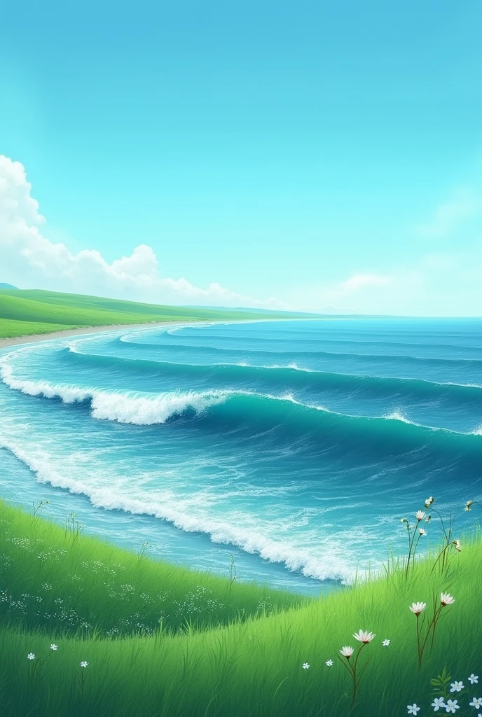 "Create a hyper-realistic image of an ocean with dynamic waves moving forward. The background should feature lush, expansive flat meadows with no mountains, stones, rocks, or other higher structure than ocean The sky should be a gradient of blue and aqua colors, with no sun or moon present. Ensure the scene evokes tranquility and natural beauty. No flowers except white